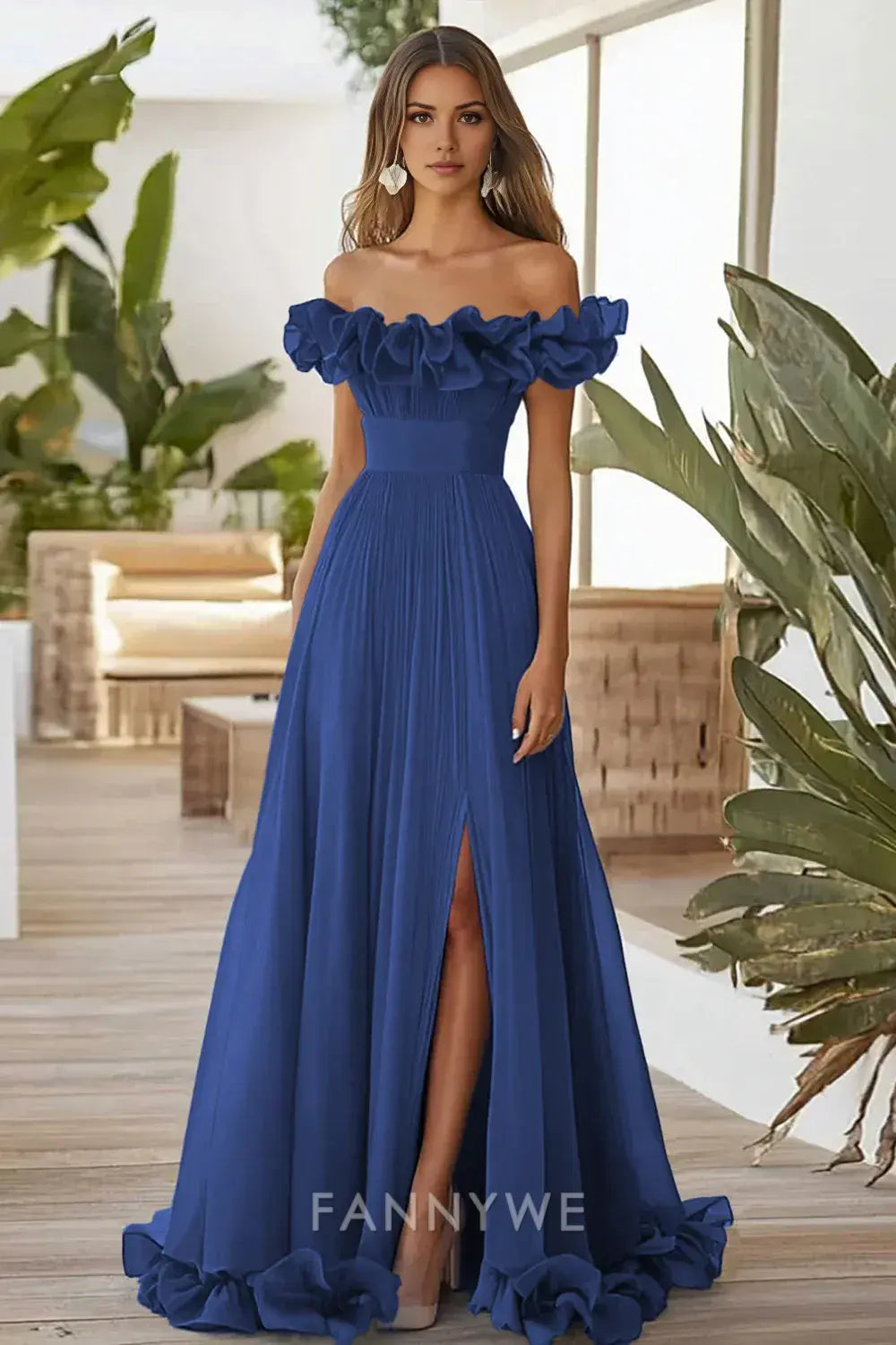 FannyWe Elegant Dark Navy A Line Off the Shoulder Long Formal Dress with Slit formal wear dresses