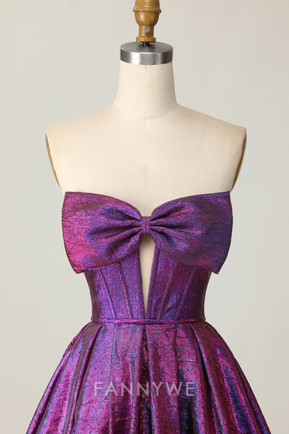 FannyWe Elegant Dark Purple Corset Strapless Metallic Short Homecoming Dress with Bow