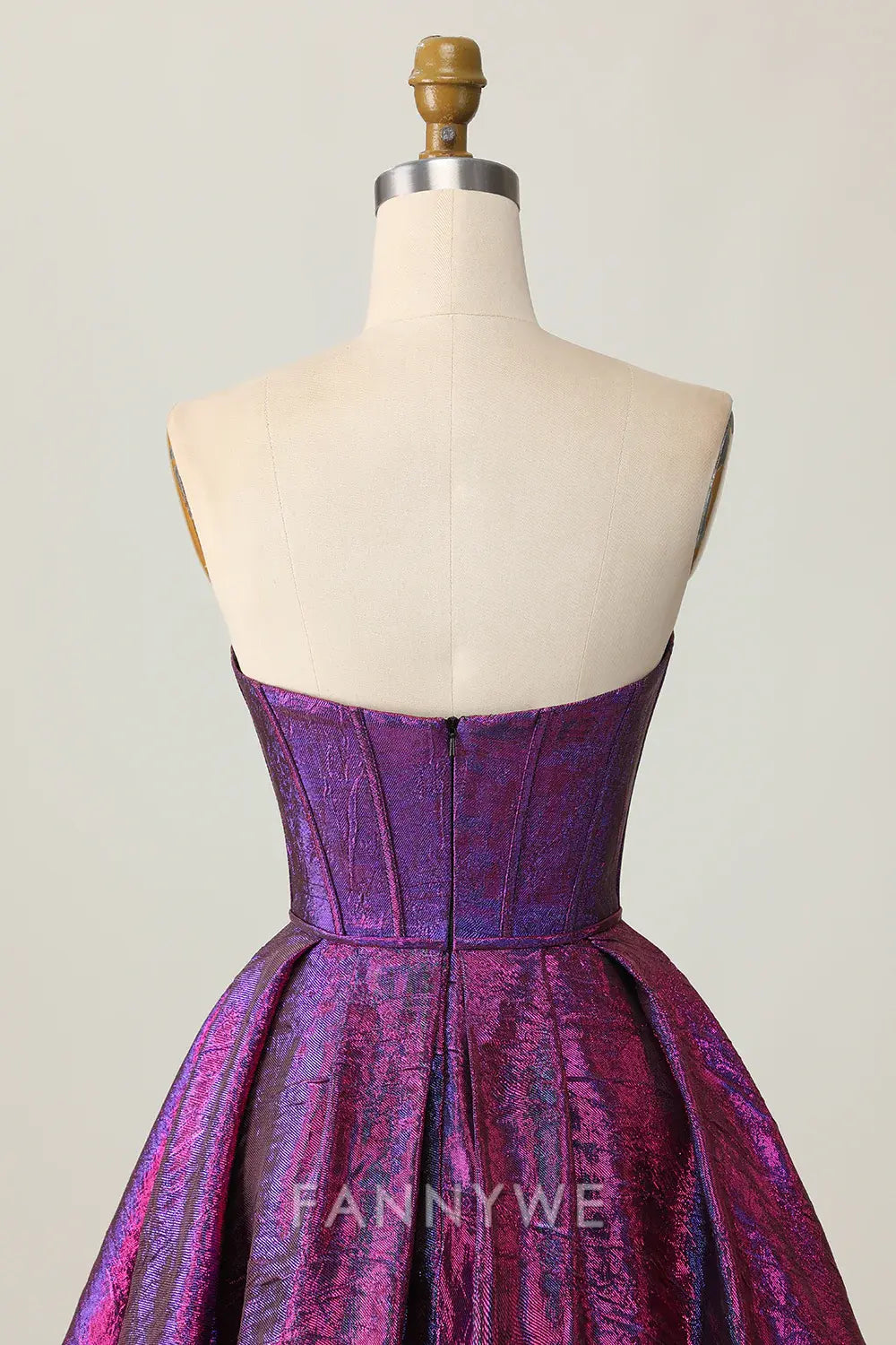 FannyWe Elegant Dark Purple Corset Strapless Metallic Short Homecoming Dress with Bow