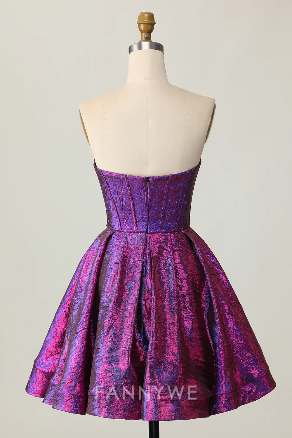 FannyWe Elegant Dark Purple Corset Strapless Metallic Short Homecoming Dress with Bow