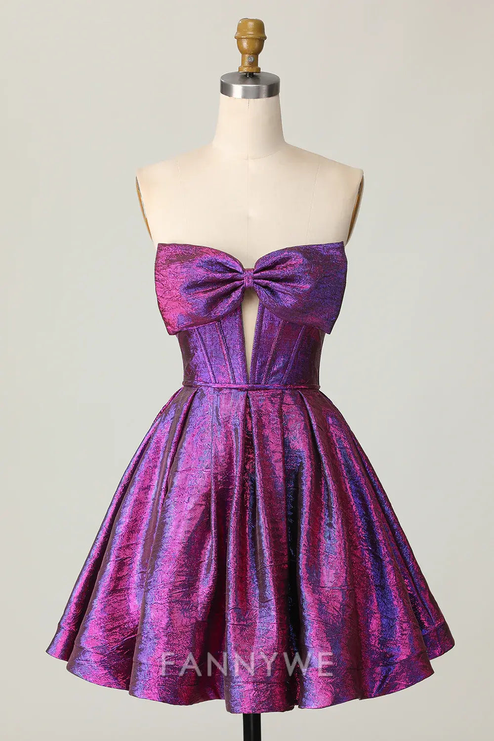 FannyWe Elegant Dark Purple Corset Strapless Metallic Short Homecoming Dress with Bow