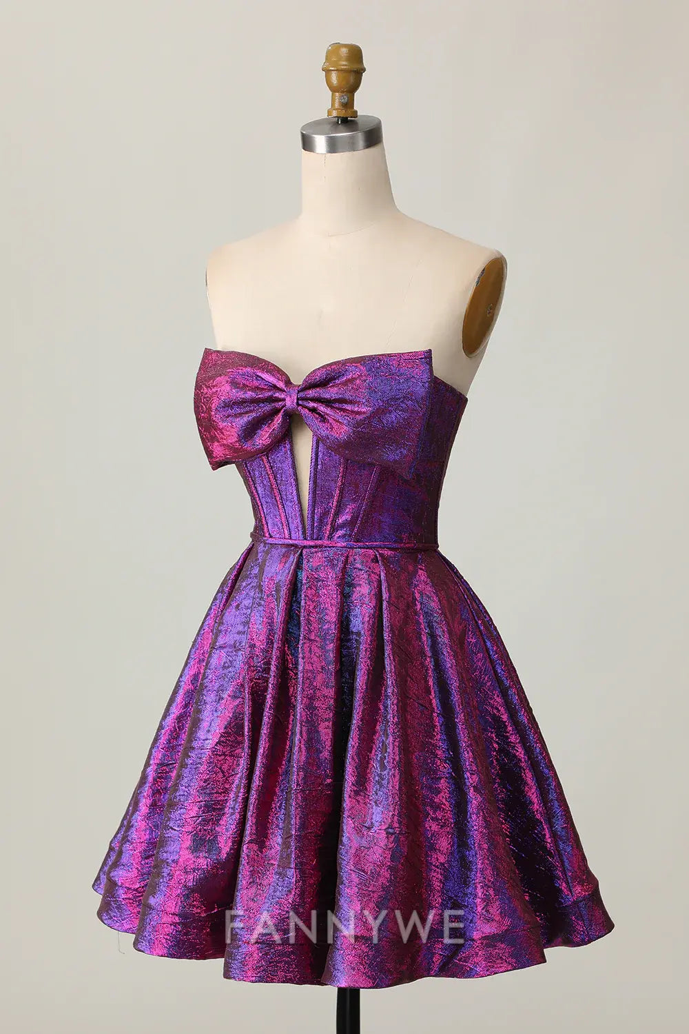 FannyWe Elegant Dark Purple Corset Strapless Metallic Short Homecoming Dress with Bow