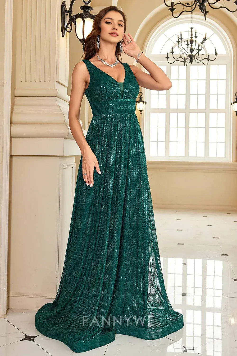 FannyWe Elegant Emerald Green Sequin Gown with Plunging V - Neck formal wear dresses
