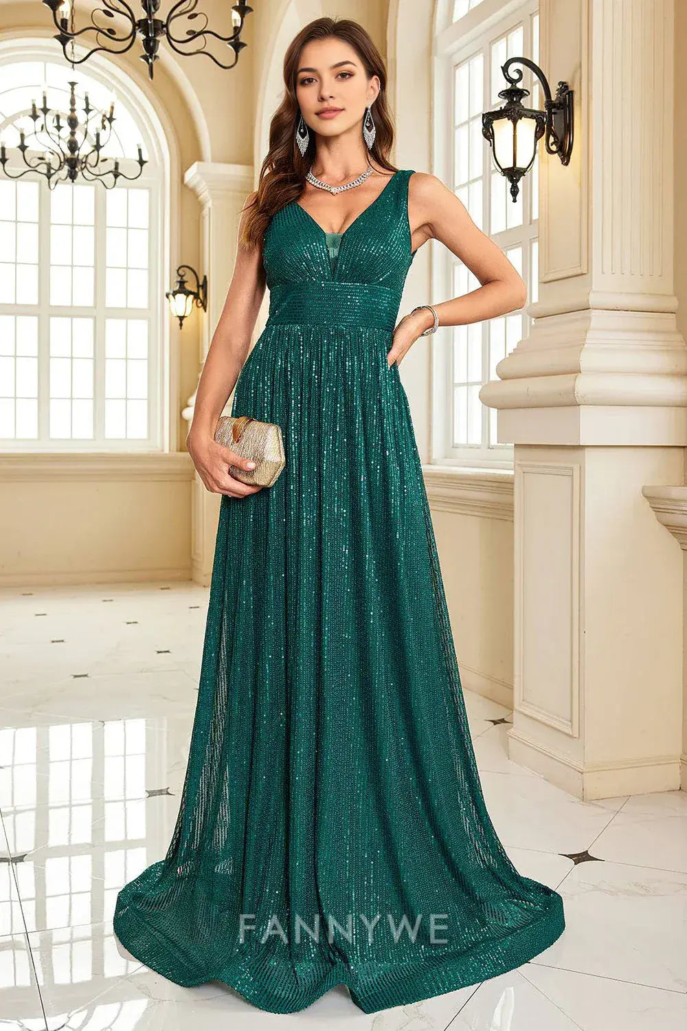 FannyWe Elegant Emerald Green Sequin Gown with Plunging V - Neck formal wear dresses
