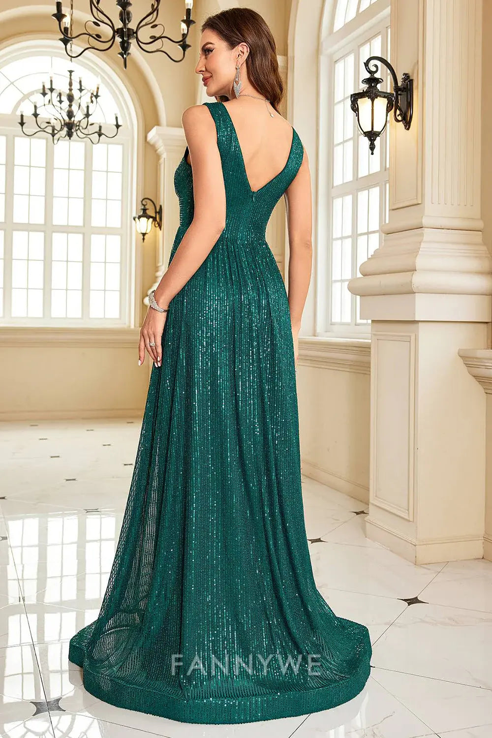 FannyWe Elegant Emerald Green Sequin Gown with Plunging V - Neck formal wear dresses