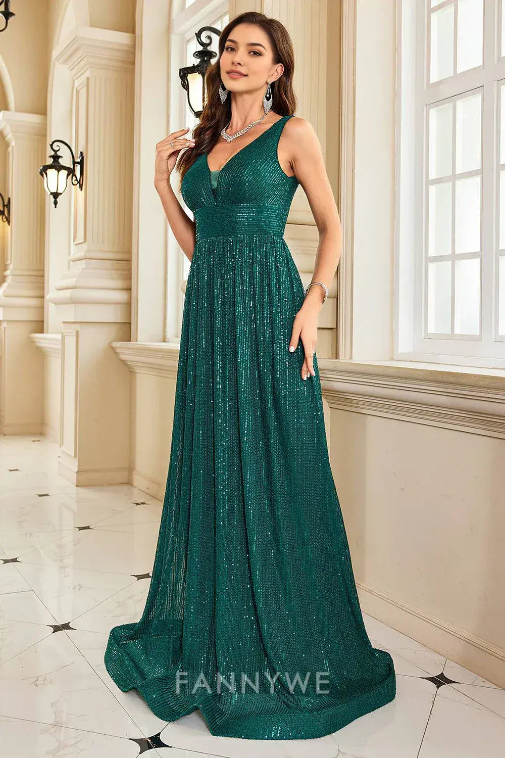 FannyWe Elegant Emerald Green Sequin Gown with Plunging V - Neck formal wear dresses