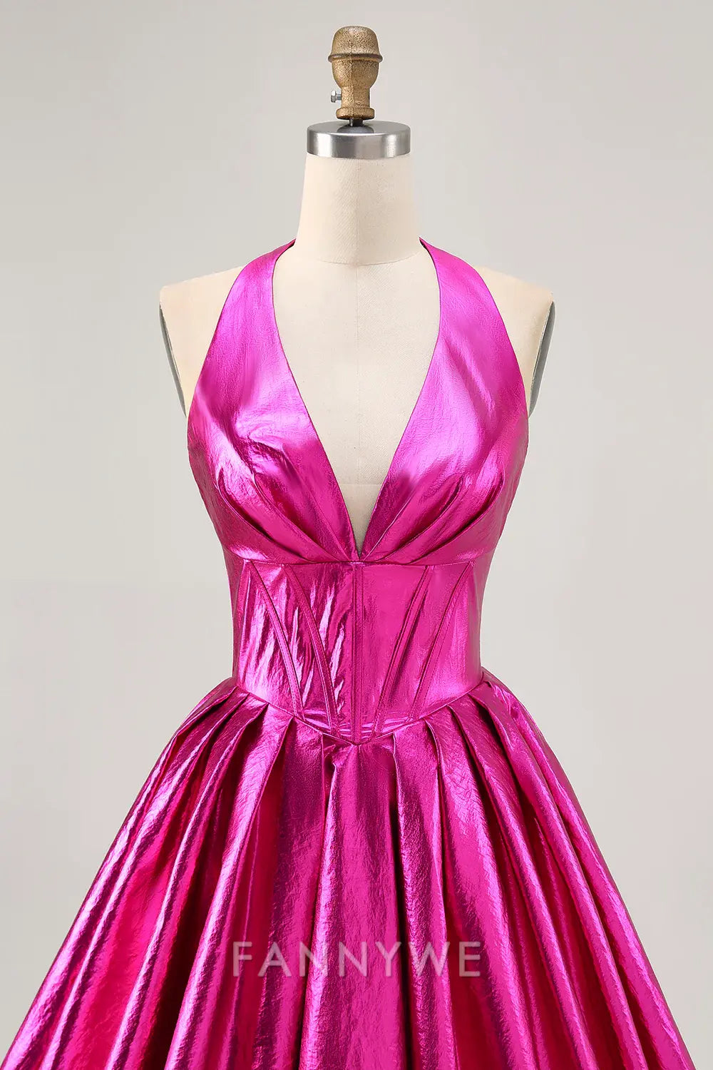 FannyWe Elegant Fuchsia Metallic Halter A Line Short Corset Homecoming Dress formal wear dresses