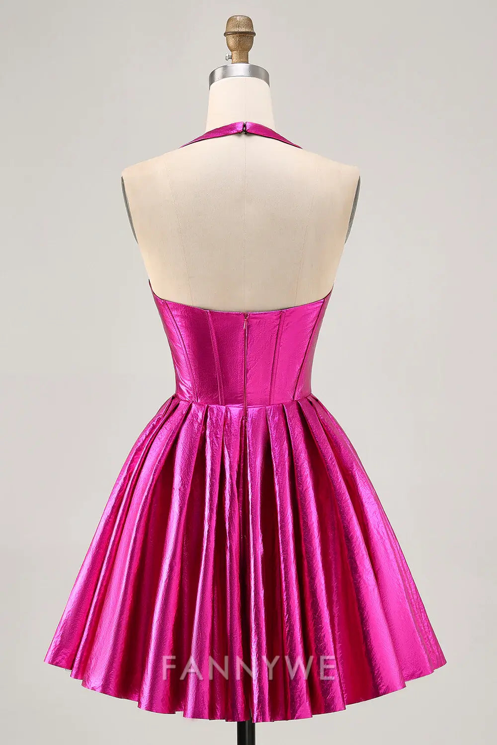 FannyWe Elegant Fuchsia Metallic Halter A Line Short Corset Homecoming Dress formal wear dresses
