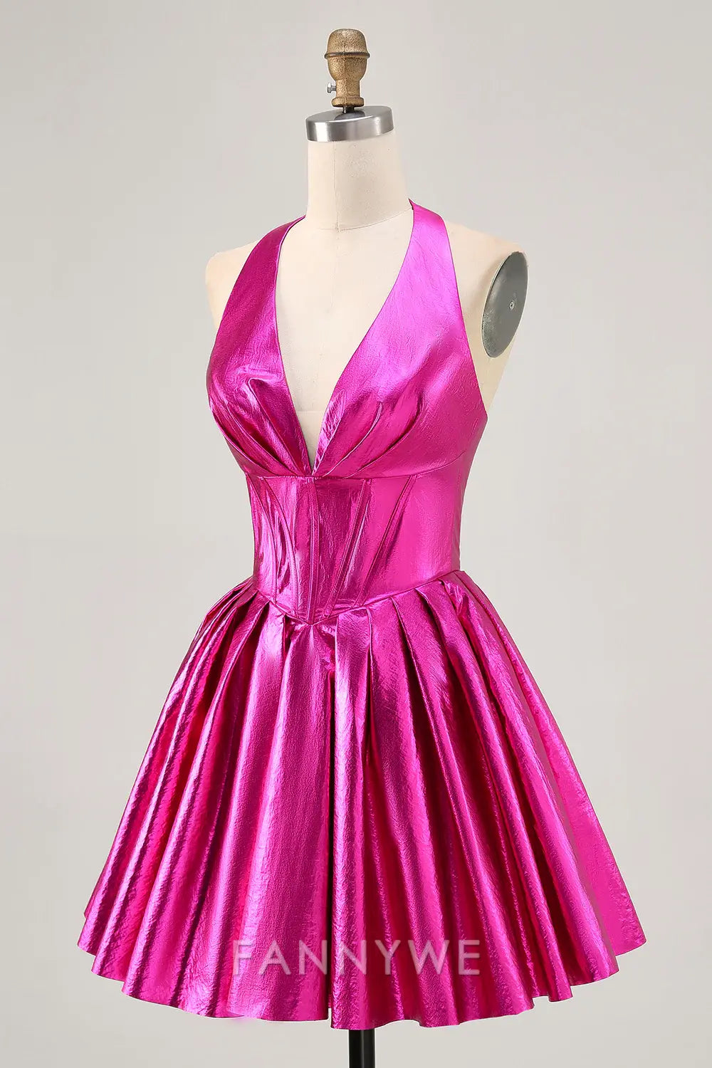 FannyWe Elegant Fuchsia Metallic Halter A Line Short Corset Homecoming Dress formal wear dresses