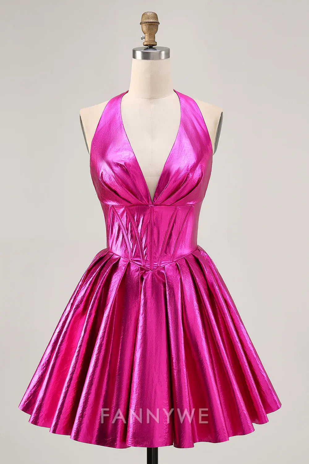 FannyWe Elegant Fuchsia Metallic Halter A Line Short Corset Homecoming Dress formal wear dresses