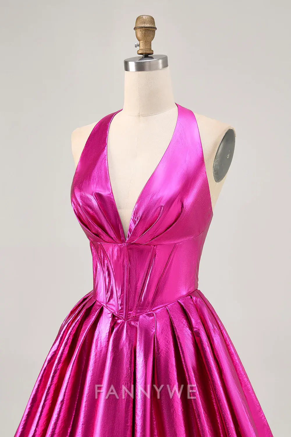 FannyWe Elegant Fuchsia Metallic Halter A Line Short Corset Homecoming Dress formal wear dresses