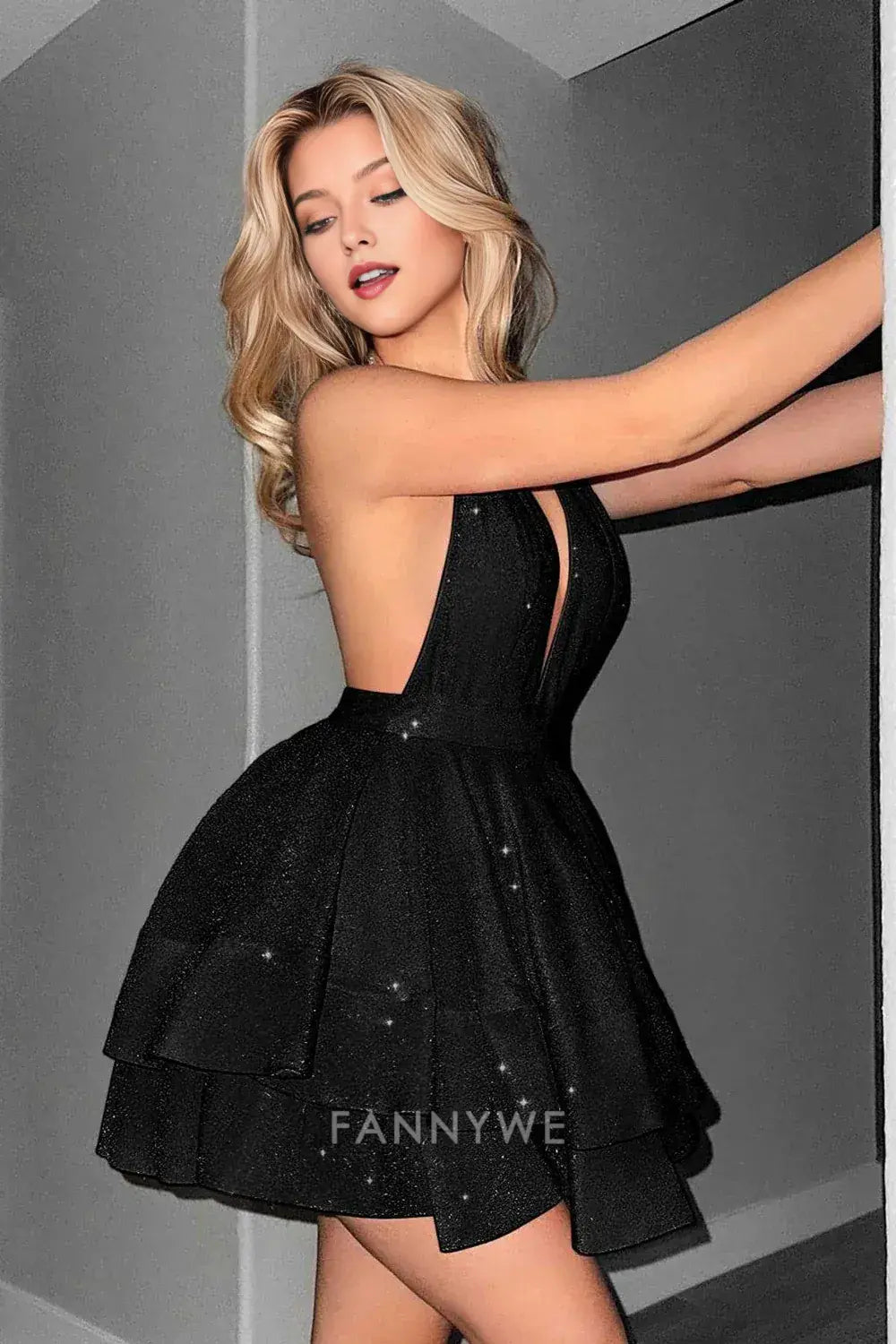 FannyWe Elegant Glitter Black Halter Tiered A Line Short Homecoming Dress hot sale