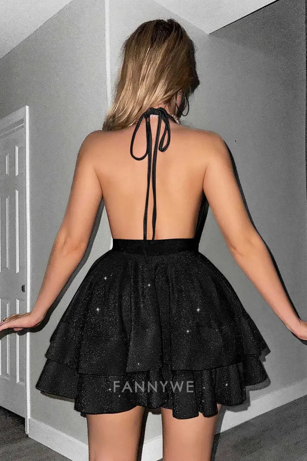 FannyWe Elegant Glitter Black Halter Tiered A Line Short Homecoming Dress hot sale