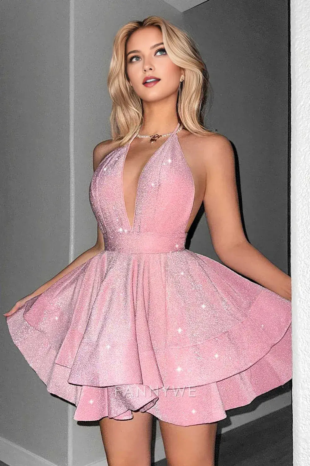 FannyWe Elegant Glitter Pink Halter Tiered A Line Short Homecoming Dress hot sale