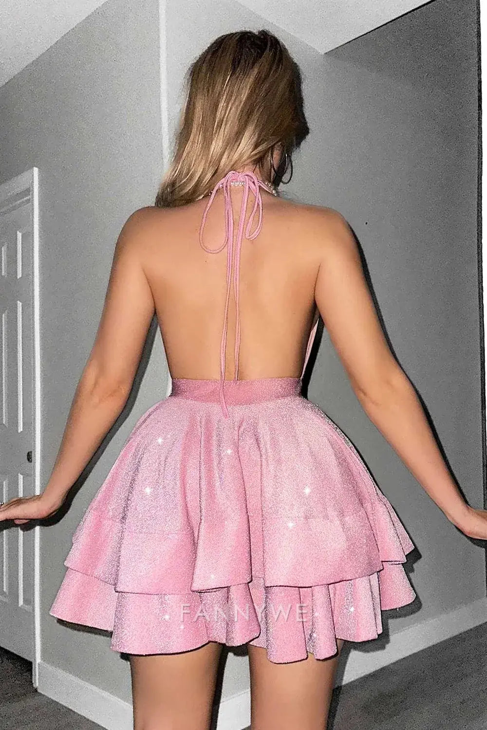 FannyWe Elegant Glitter Pink Halter Tiered A Line Short Homecoming Dress hot sale