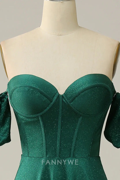 FannyWe Elegant Green Off the Shoulder A-line Satin Prom Dress formal wear dresses