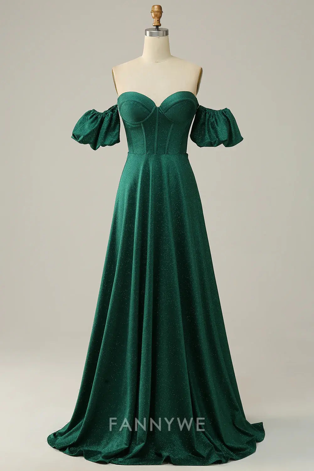 FannyWe Elegant Green Off the Shoulder A-line Satin Prom Dress formal wear dresses