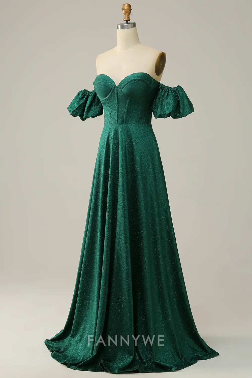 FannyWe Elegant Green Off the Shoulder A-line Satin Prom Dress formal wear dresses