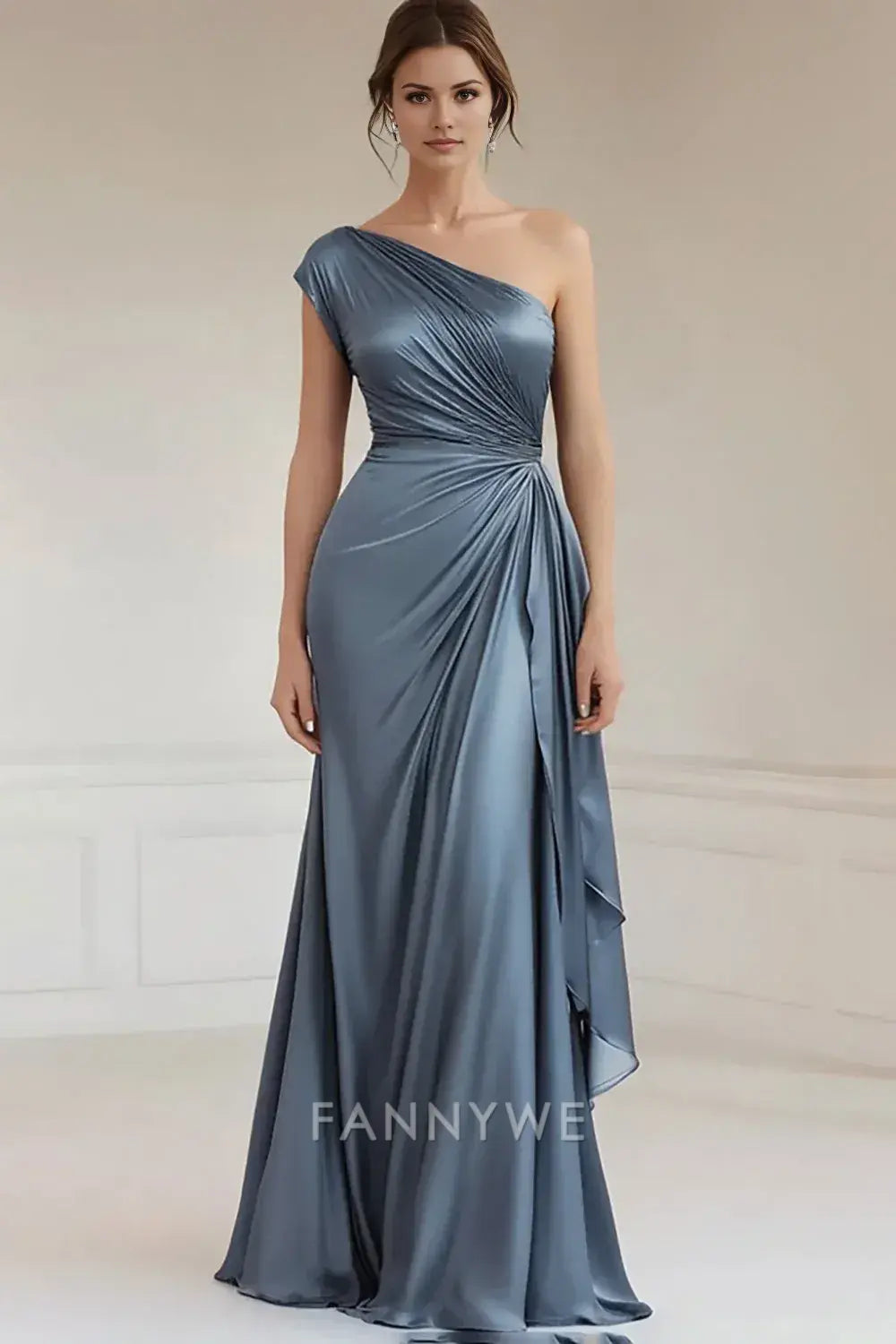 FannyWe Elegant Grey Blue One Shoulder Sheath Long Ruched Formal Dress formal wear dresses