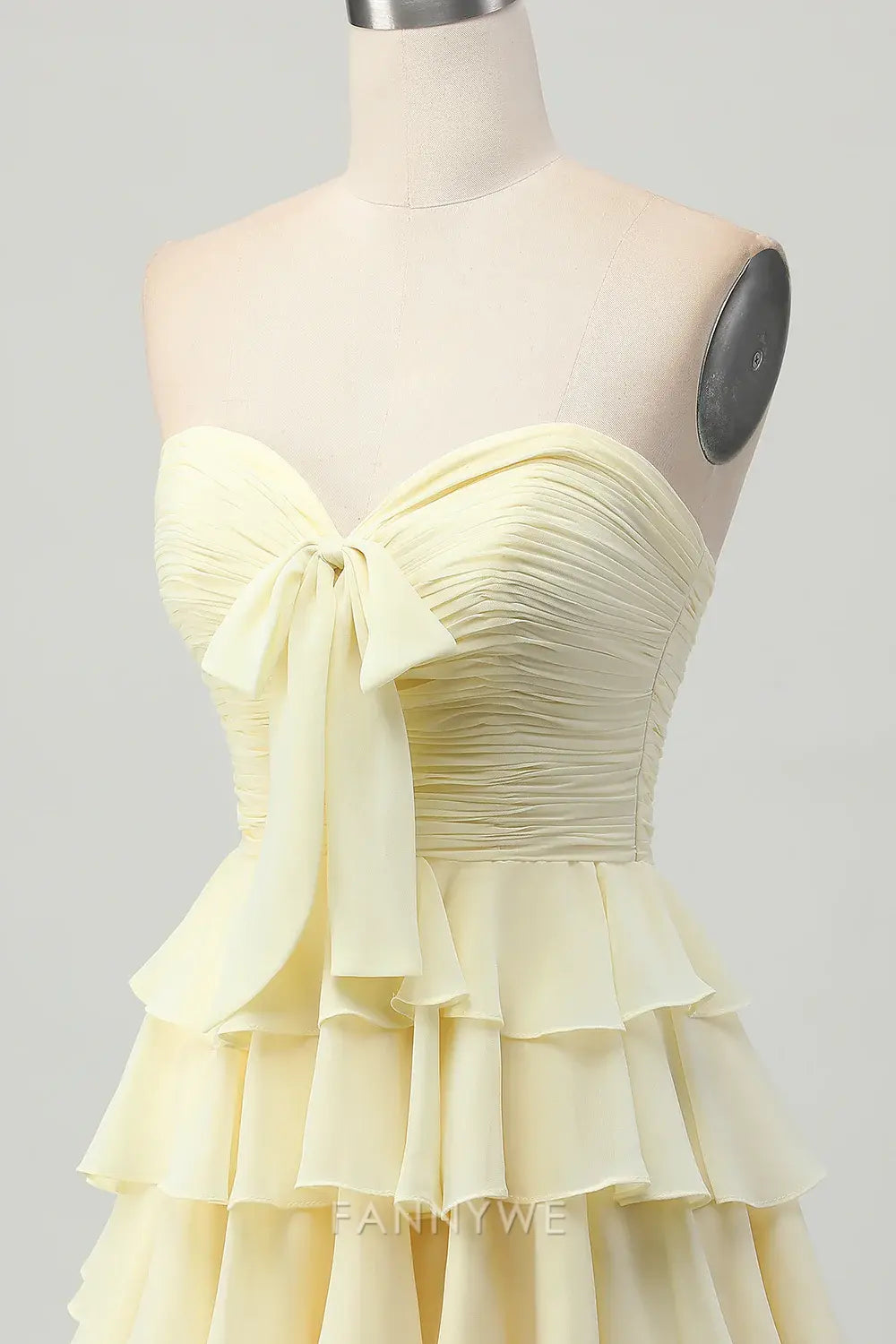 FannyWe - Elegante vestido de fiesta amarillo claro con escote en forma de corazón, fruncido, volantes y lazo, gran oferta 