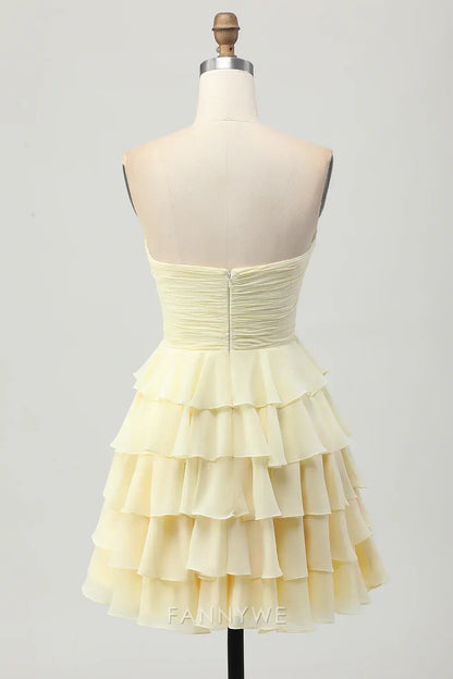 FannyWe - Elegante vestido de fiesta amarillo claro con escote en forma de corazón, fruncido, volantes y lazo, gran oferta 