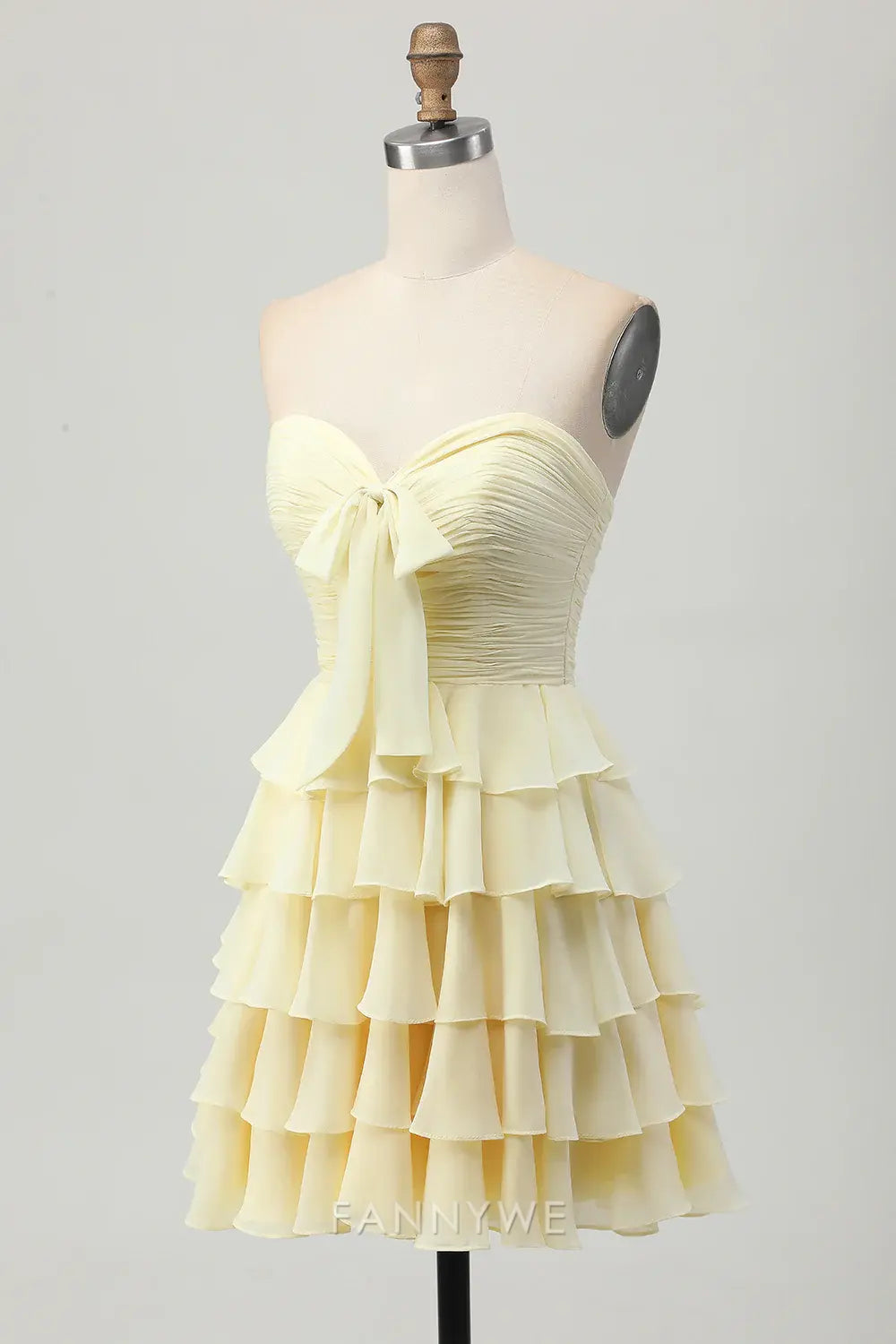 FannyWe - Elegante vestido de fiesta amarillo claro con escote en forma de corazón, fruncido, volantes y lazo, gran oferta 