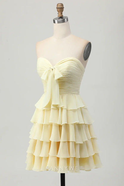 FannyWe - Elegante vestido de fiesta amarillo claro con escote en forma de corazón, fruncido, volantes y lazo, gran oferta 