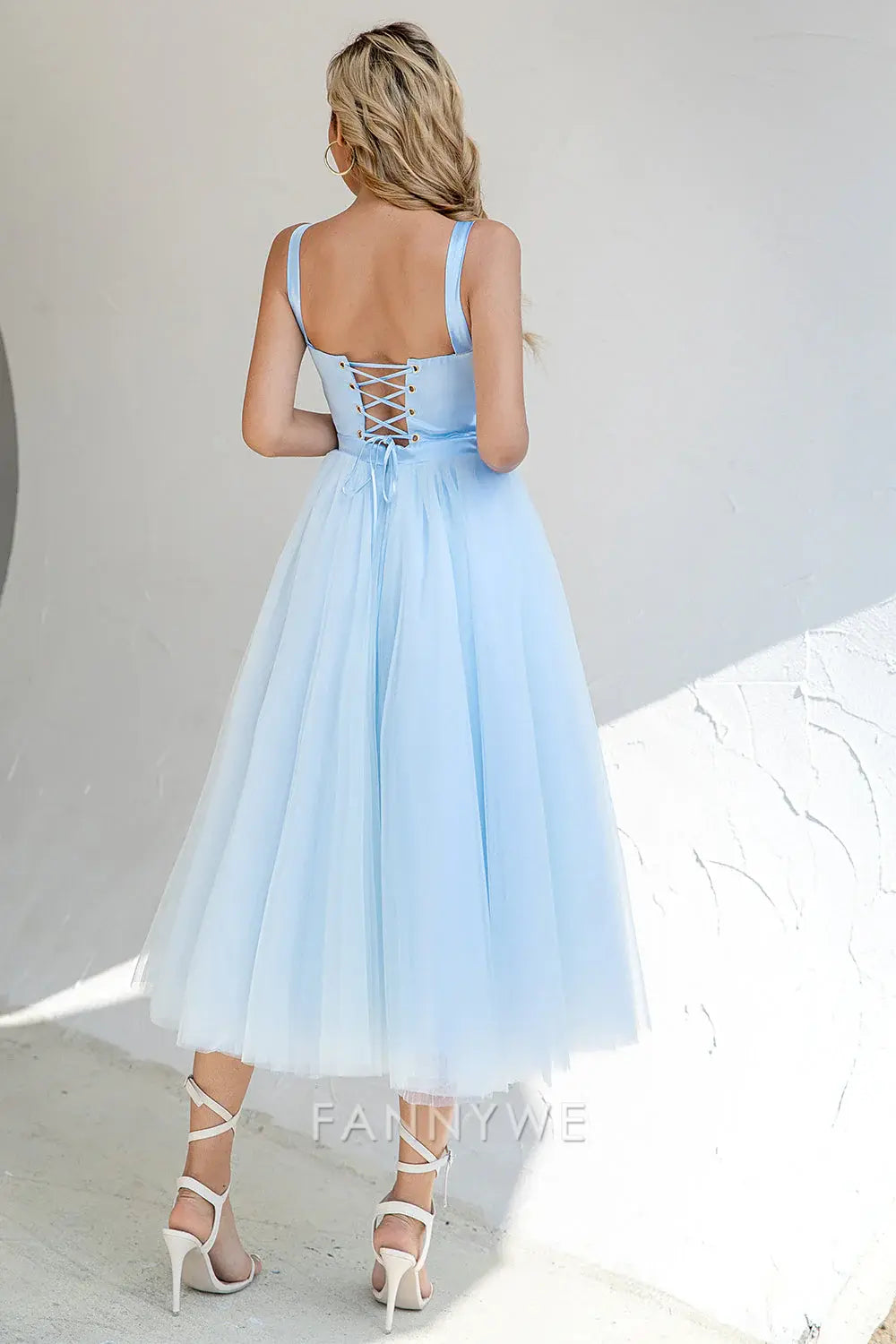 FannyWe Elegant Light Blue Tulle Midi Dress with Sweetheart Neckline formal wear dresses