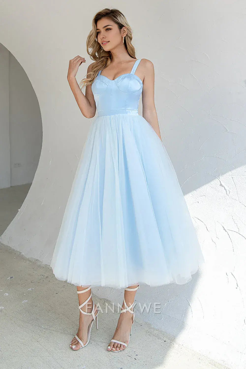 FannyWe Elegant Light Blue Tulle Midi Dress with Sweetheart Neckline formal wear dresses