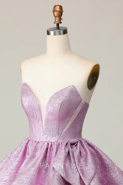 FannyWe Elegant Light Purple A Line Strapless Short Metallic Homecoming Dress with Ruffles