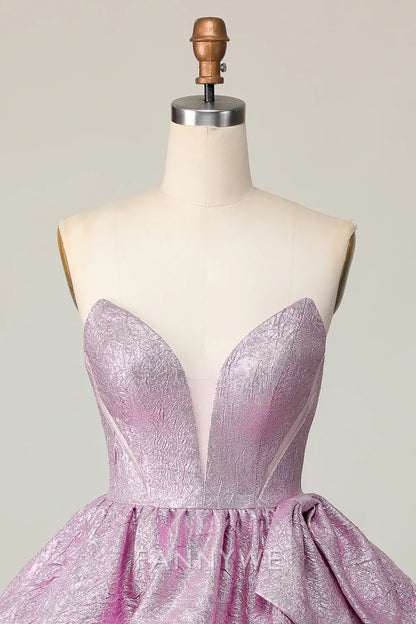 FannyWe Elegant Light Purple A Line Strapless Short Metallic Homecoming Dress with Ruffles