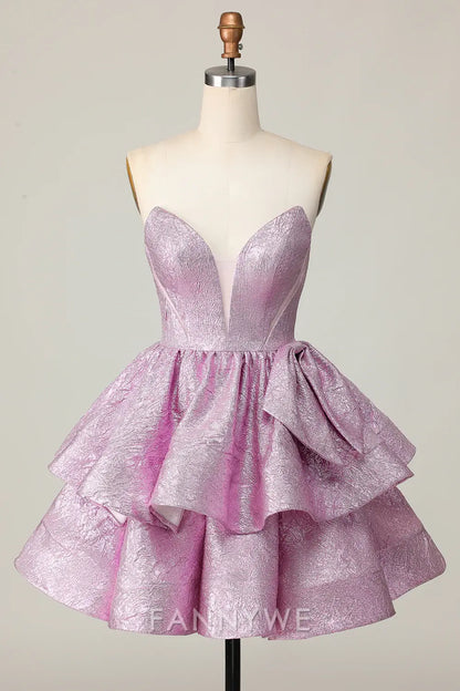FannyWe Elegant Light Purple A Line Strapless Short Metallic Homecoming Dress with Ruffles