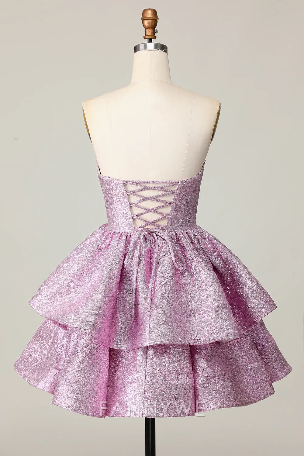 FannyWe Elegant Light Purple A Line Strapless Short Metallic Homecoming Dress with Ruffles
