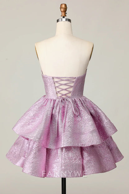 FannyWe Elegant Light Purple A Line Strapless Short Metallic Homecoming Dress with Ruffles