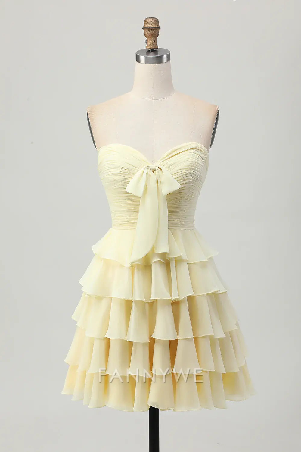 FannyWe Elegant Light Yellow Sweetheart Ruched Ruffled Short Homecoming Dress with Bow formal wear dresses