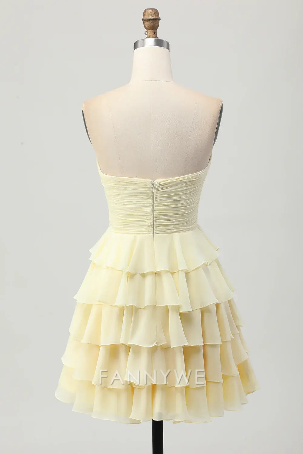 FannyWe Elegant Light Yellow Sweetheart Ruched Ruffled Short Homecoming Dress with Bow formal wear dresses