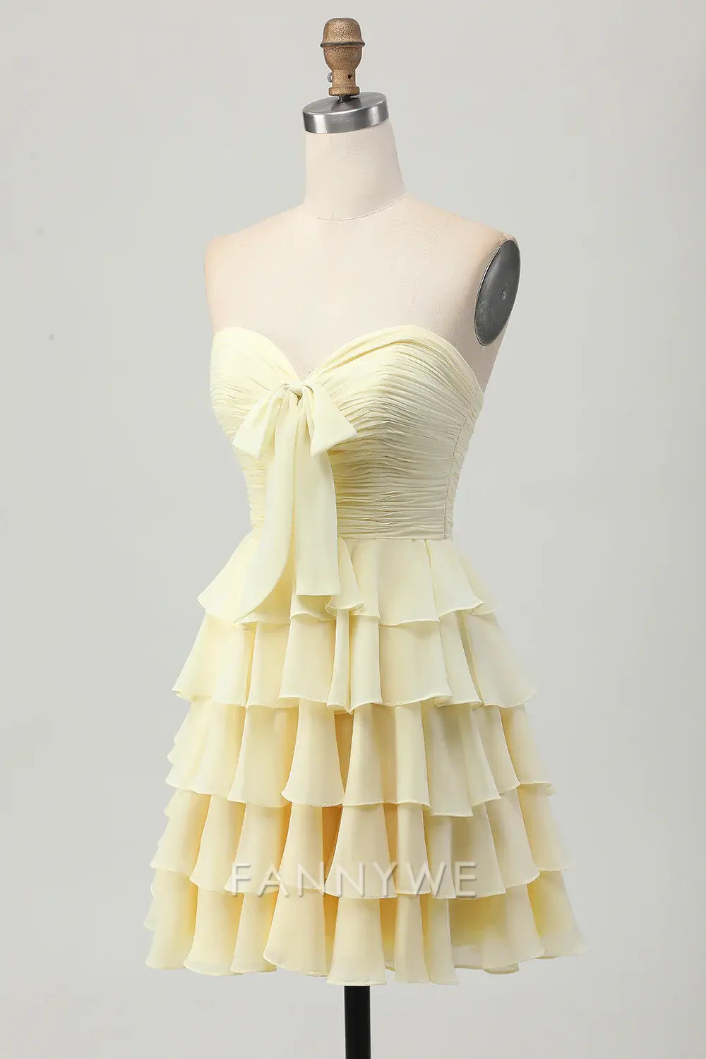 FannyWe Elegant Light Yellow Sweetheart Ruched Ruffled Short Homecoming Dress with Bow formal wear dresses