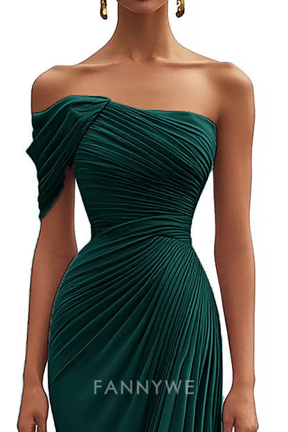 FannyWe Elegant Mermaid Dark Green One Shoulder Pleated Long Formal Dress formal wear dresses