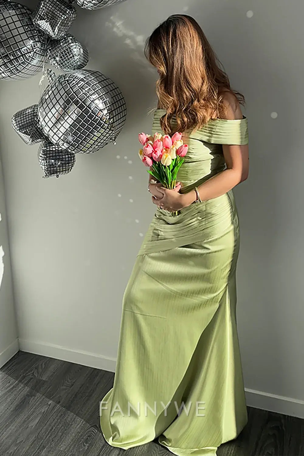 FannyWe Elegant Metallic Satin Green Off The Shoulder Sheath Red Carpet Dress formal wear dresses