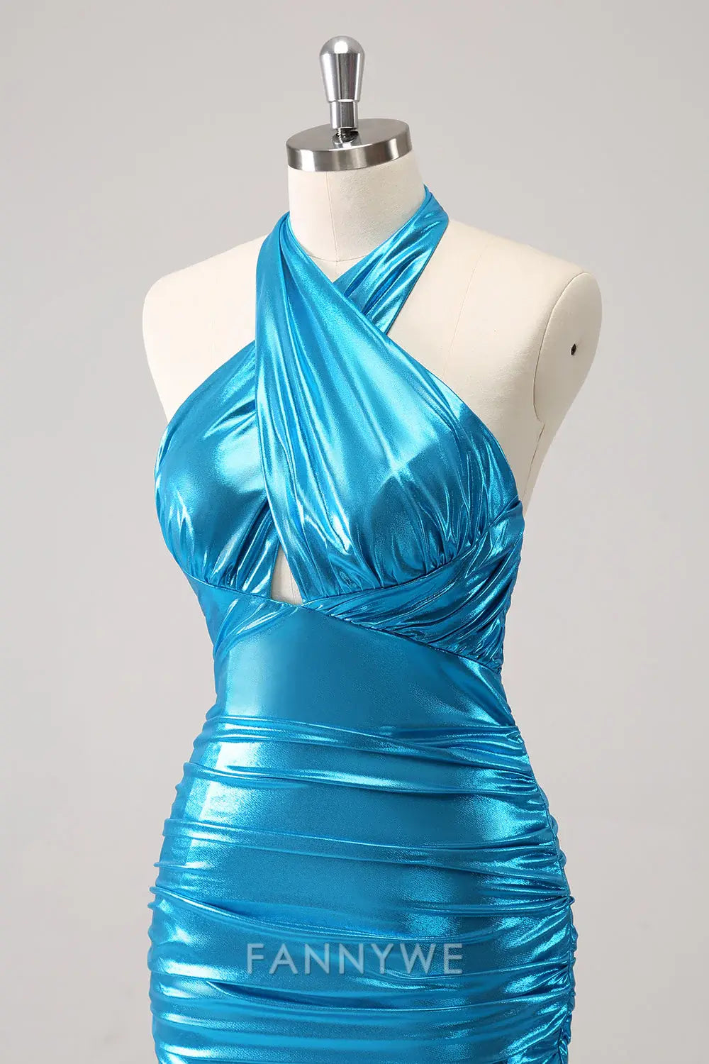 FannyWe Elegant Metallic Tight Halter Backless Satin Blue Homecoming Dress formal wear dresses