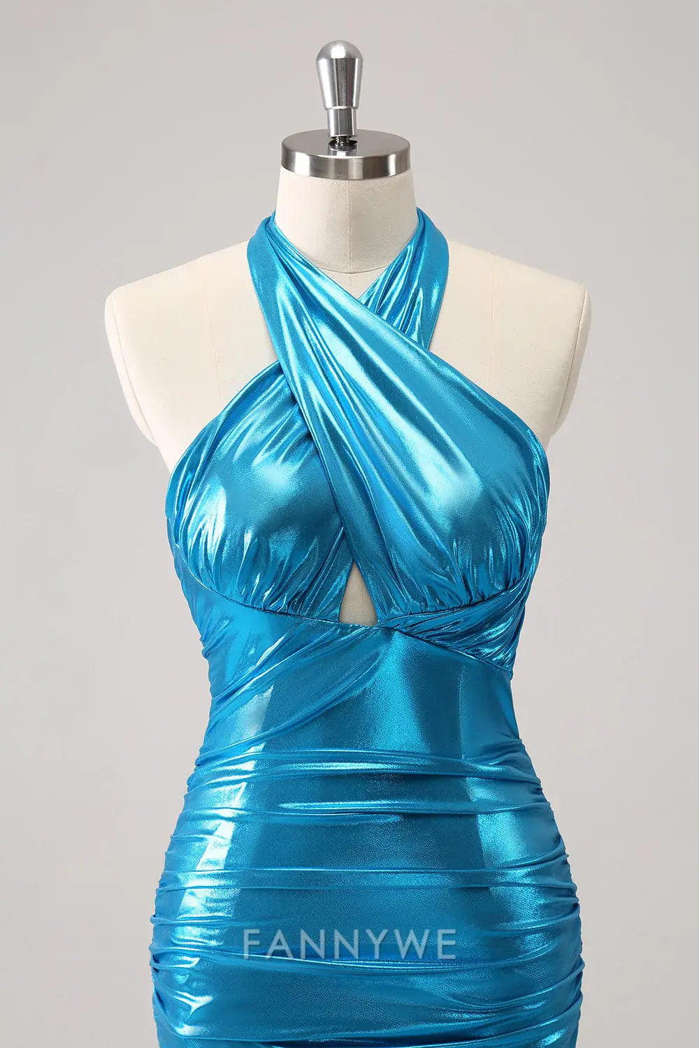 FannyWe Elegant Metallic Tight Halter Backless Satin Blue Homecoming Dress formal wear dresses