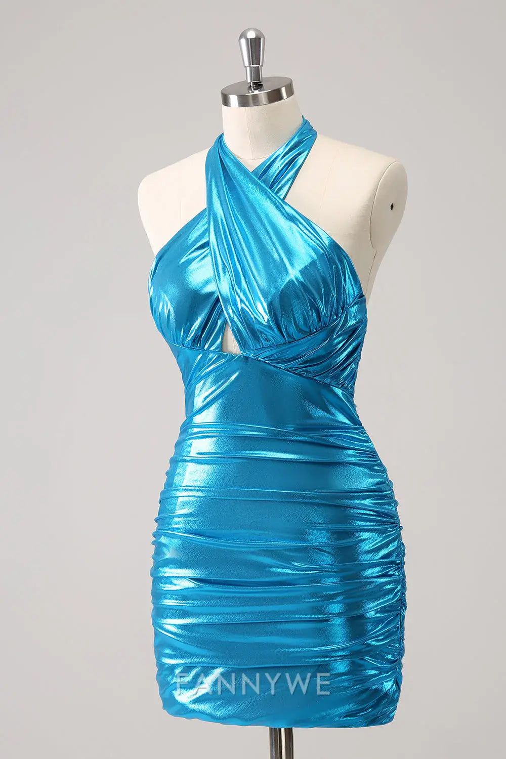 FannyWe Elegant Metallic Tight Halter Backless Satin Blue Homecoming Dress formal wear dresses