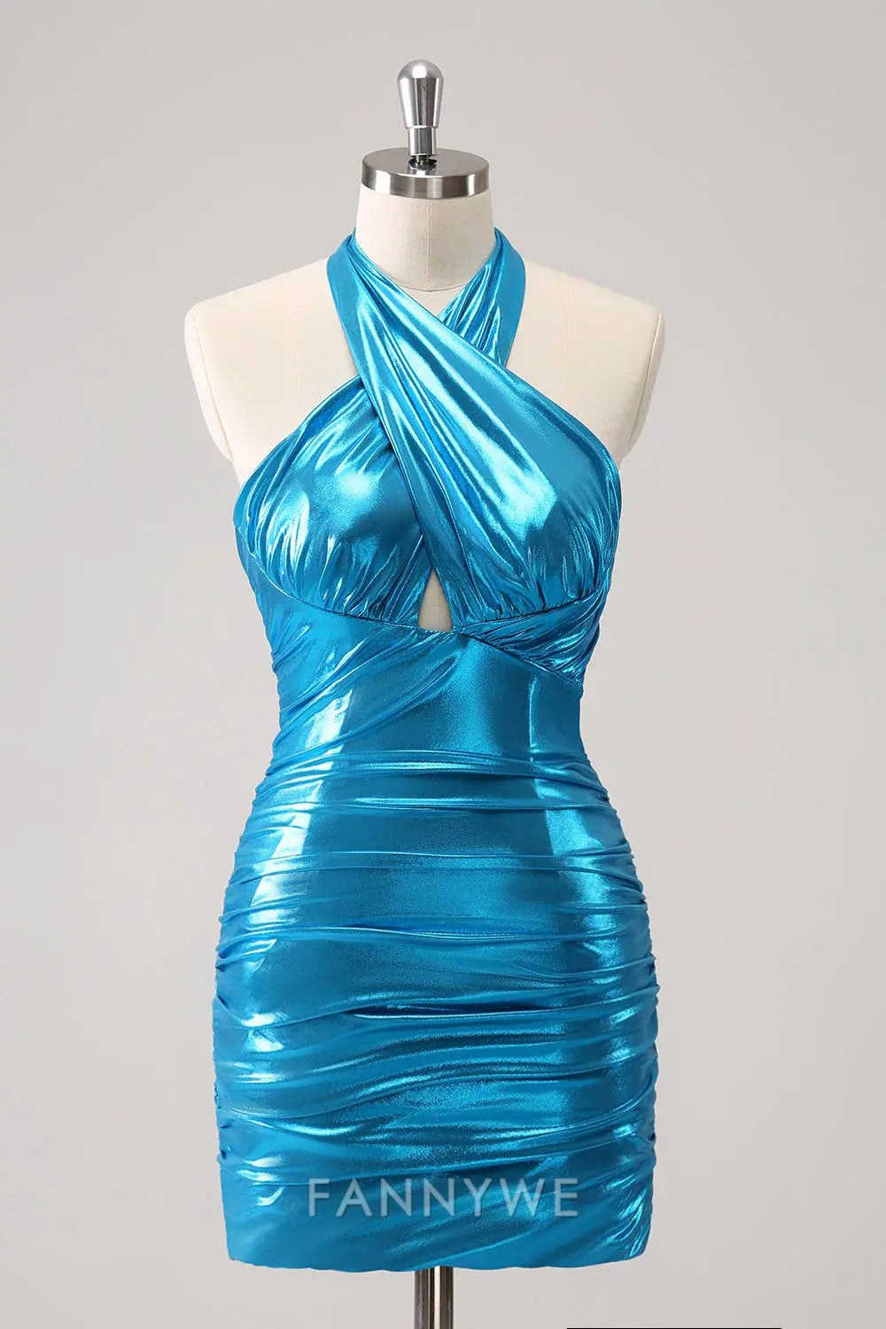 FannyWe Elegant Metallic Tight Halter Backless Satin Blue Homecoming Dress formal wear dresses