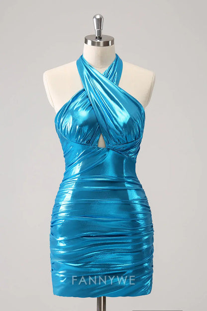 FannyWe Elegant Metallic Tight Halter Backless Satin Blue Homecoming Dress formal wear dresses
