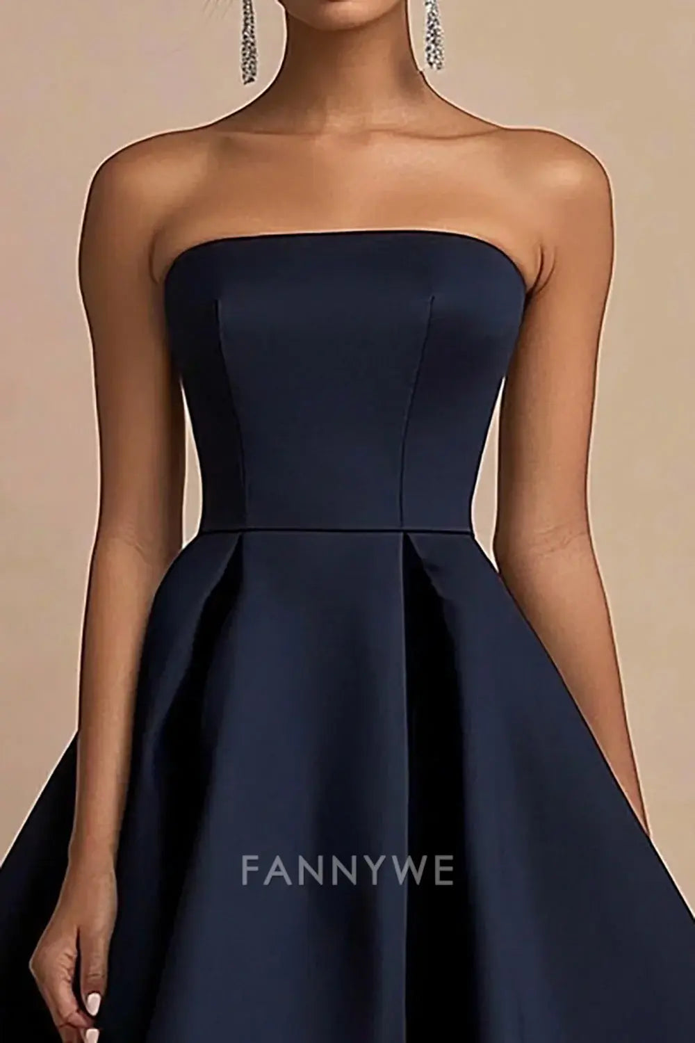 FannyWe Elegant Navy A Line Satin Square Neck Mid-Calf Wedding Guest Dress formal wear dresses