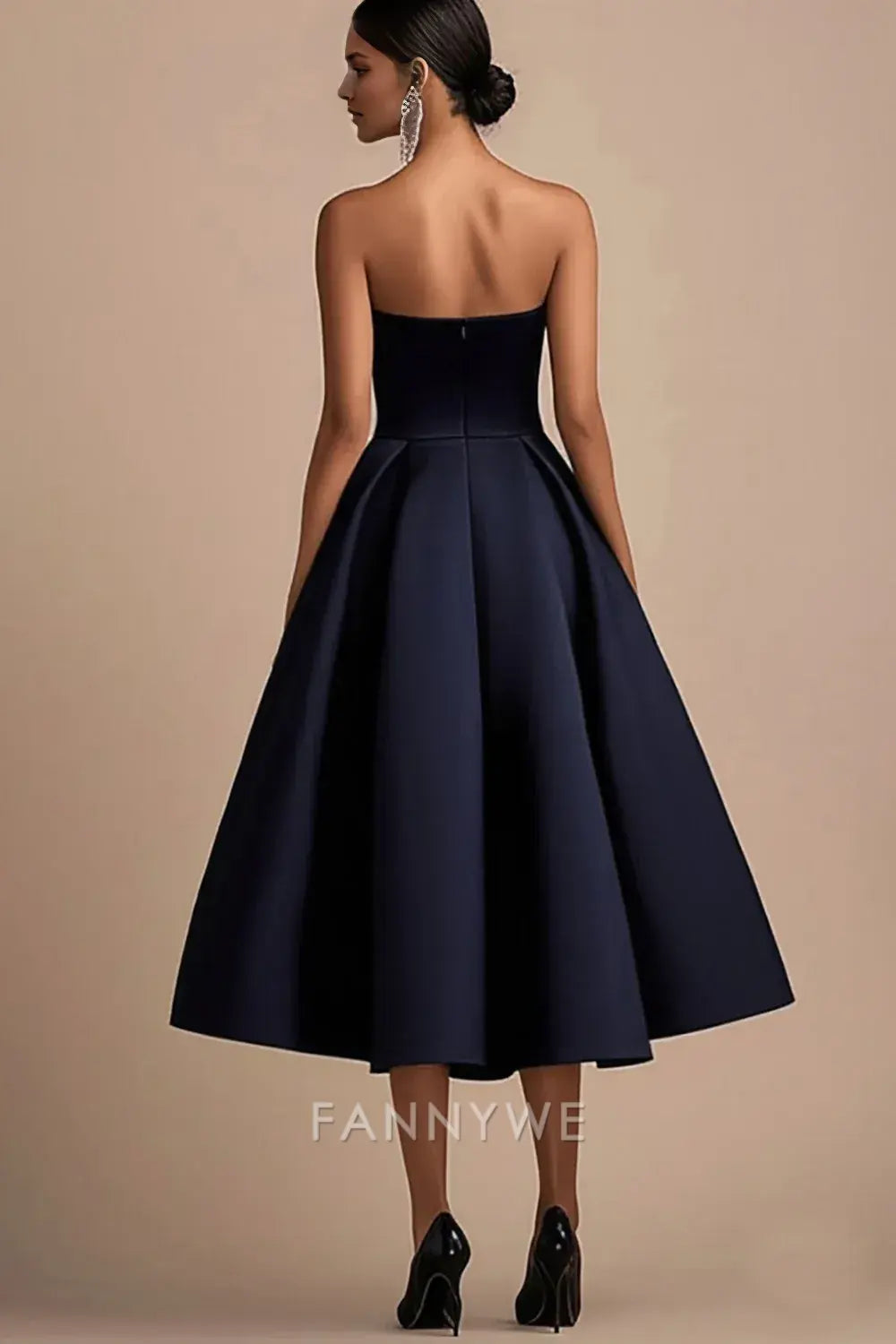FannyWe Elegant Navy A Line Satin Square Neck Mid-Calf Wedding Guest Dress formal wear dresses