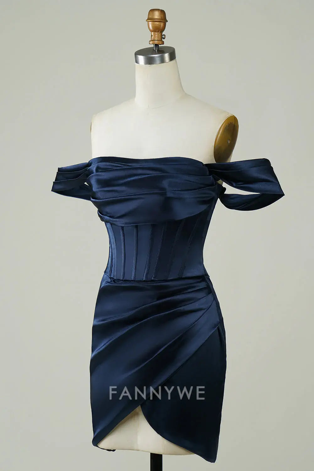 FannyWe Elegant Navy Blue Off the Shoulder Asymmetrical Tight Short Homecoming Dress formal wear dresses