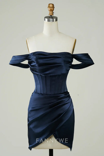 FannyWe Elegant Navy Off the Shoulder Asymmetrical Tight Short Homecoming Dress formal wear dresses