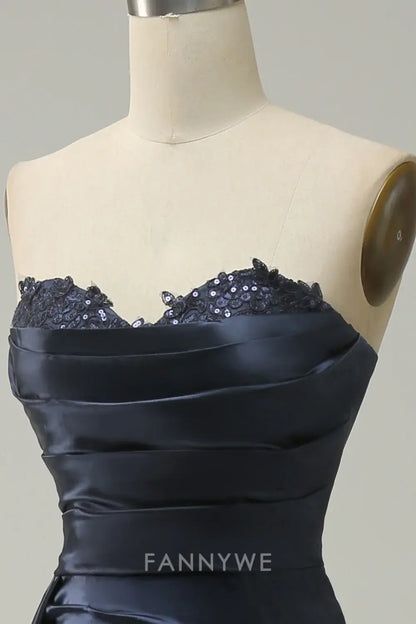 FannyWe Elegant Navy Strapless Sweetheart Long Prom Dress with Split formal wear dresses