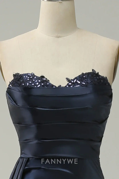 FannyWe Elegant Navy Strapless Sweetheart Long Prom Dress with Split formal wear dresses